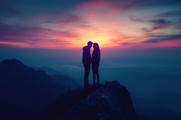 Fototapeta premium Silhouette of a couple embracing on a mountain peak at sunset