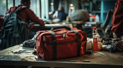 Red Duffle Bag on a Dusty Table in a Workshop