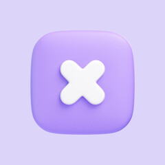 Obraz premium White cross on a purple square button, symbolizing cancelation, rejection, or an error in a digital interface. 3D icon, sign and symbol. 3D render illustration