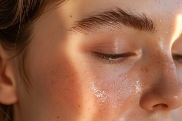 Fototapeta premium Close-up of dewy skin and natural freckles in sunlight