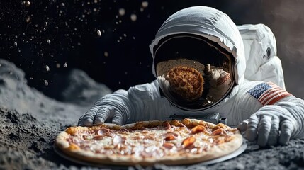 An astronaut enjoying a delicious pizza on the moon's surface during a space mission under the stars