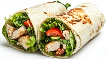 Close-up of a grilled chicken wrap filled with lettuce and fresh vegetables on a white background. Generative AI