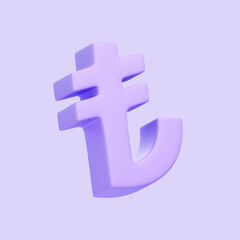 Obraz premium Turkish lira currency symbol in light purple, isolated against a matching pastel background. 3D icon, sign and symbol. 3D render illustration