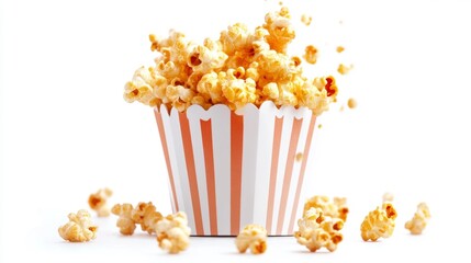 Close-up of a popcorn bucket with crispy freshly popped popcorn spilling out on a white background in a realistic style perfect for movie night visuals or snack-related designs.. Generative AI