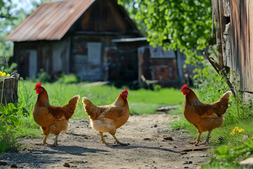 Fototapeta premium Chickens Roaming in the Yard: Free-range chickens pecking at the ground in a sunny farmyard, with a rustic barn in the background