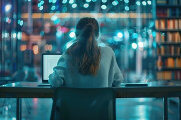 Young female student studying online with laptop before lectures.