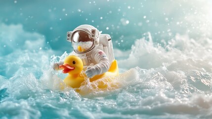 A toy astronaut rides a rubber duck through waves, blending playful imagination with a cosmic adventure at sea