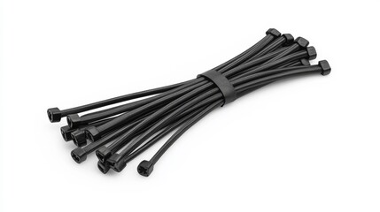 Bundle of black cable ties on a white background. A practical collection of durable cable management tools for organizing cords or other items.. Generative AI