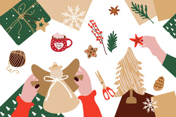 Christmas handmade. Female hands at work. Creating Christmas decorations and gifts.Flat style in vector illustration. Isolated