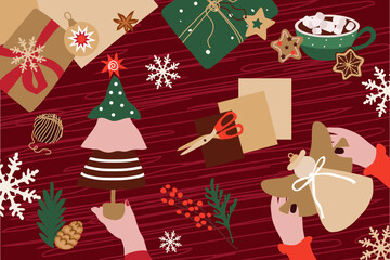 Christmas handmade. Female hands at work. Creating Christmas decorations and gifts.Flat style in vector illustration. Isolated