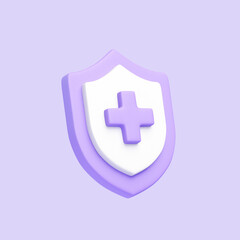 Purple shield with a medical cross symbol, representing healthcare, medical protection, and health insurance concepts. 3D icon, sign and symbol. 3D render illustration