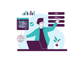 Person working at a computer, surrounded by elements related to web development.