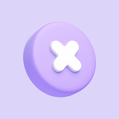 Round purple button with a white X icon in the center, symbolizing cancel or close. 3D icon, sign and symbol. 3D render illustration