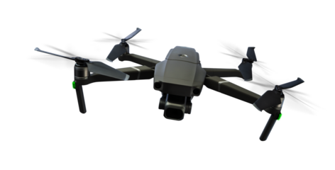 A black flying drone isolated on transparent background