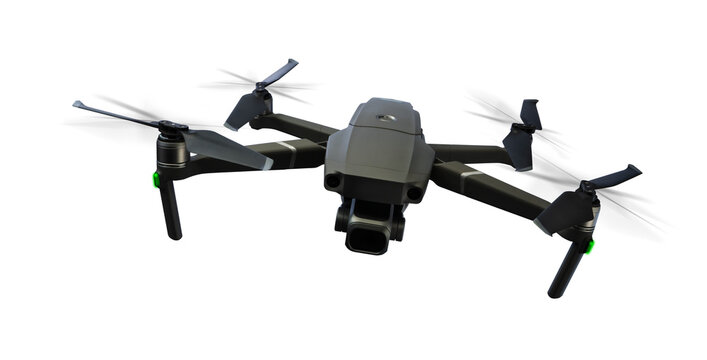 A black flying drone isolated on transparent background