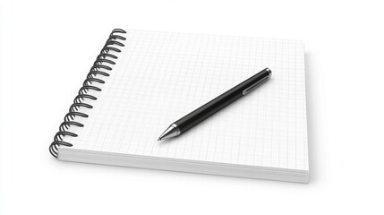 Black pen resting on an open spiral notebook with a grid pattern on white background realistic office or school supply visual. Generative AI