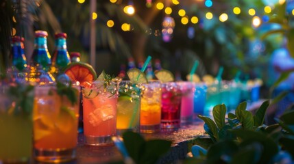 Colorful Cocktails Under Twinkling Lights with Fresh Ingredients and Bubbles