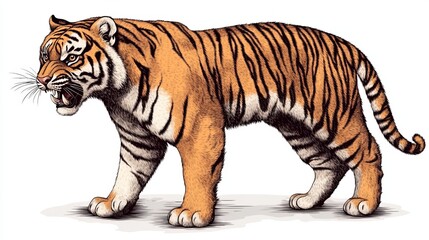 A fierce tiger with orange and black stripes and a snarling expression stands on a white background.