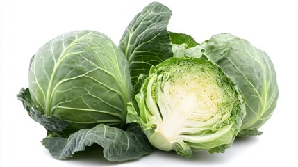 Two fresh green cabbage heads with one cut in half isolated on a white background. Generative AI