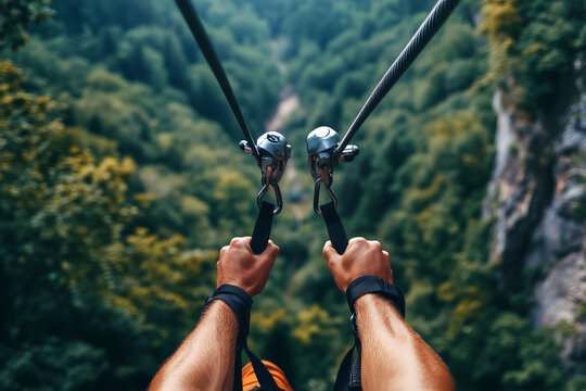 A close-up shot of hands gripping the zip-line handlebars as the rider speeds over a forest valley.