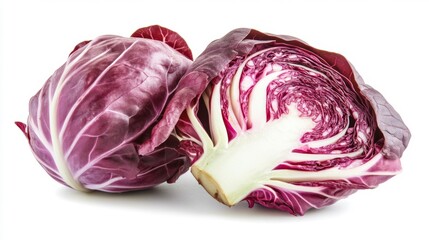 Obraz premium Radicchio vegetables isolated on white background one whole and one halved fresh purple salad ingredient. Generative AI