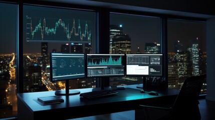 Naklejka premium A dimly lit office presents a sleek, tech-driven ambiance with glowing monitors, displaying data graphs, poised high above a bustling cityscape.