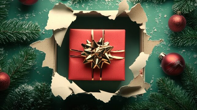 Hole in christmas gift box, empty space for advertising text in torn paper, background texture