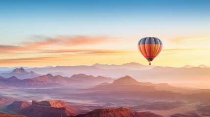 Fototapeta premium A vibrant hot air balloon drifts above majestic mountains, enveloped in a soft, golden light as the sun sets, creating a tranquil and dreamlike vista.