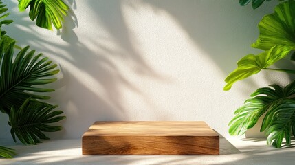 Wooden counter podium with natural finish, bathed in morning sunlight creating vivid shadows against white wall, for beauty cosmetic product