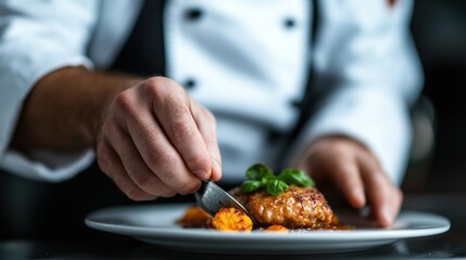 Chef preparing a gourmet dish in a restaurant kitchen, showcasing the creativity and precision involved in the culinary arts