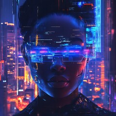 A futuristic portrait of a person with digital elements and neon lights, symbolizing advanced technology.