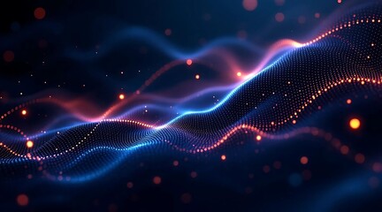 Obraz premium Dark background with swirling, glowing blue and pink lines of light and dots.