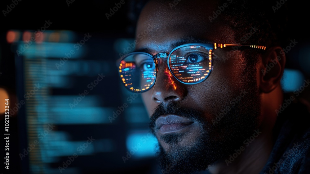 Poster under low light conditions, a dedicated programmer examines complex code reflected in his illuminate
