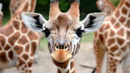 Fototapeta premium In a lush wildlife reserve, a giraffe stands out, its large eyes and distinctive spots captivating as it curiously observes while others graze nearby
