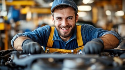 Mechanic working under the hood of a car in an auto repair shop, highlighting the technical expertise needed in vehicle maintenance
