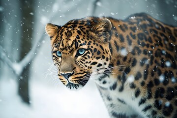 Obraz premium A leopard with striking blue eyes stares intently into the distance, snow falling around it.