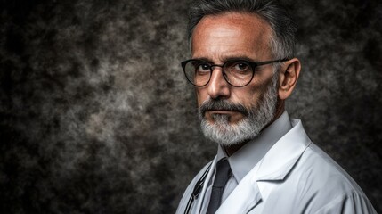 Fototapeta premium The healthcare professional stands straight, wearing a lab coat and glasses, exuding confidence and wisdom. The backdrop enhances the serious and professional atmosphere, emphasizing his role
