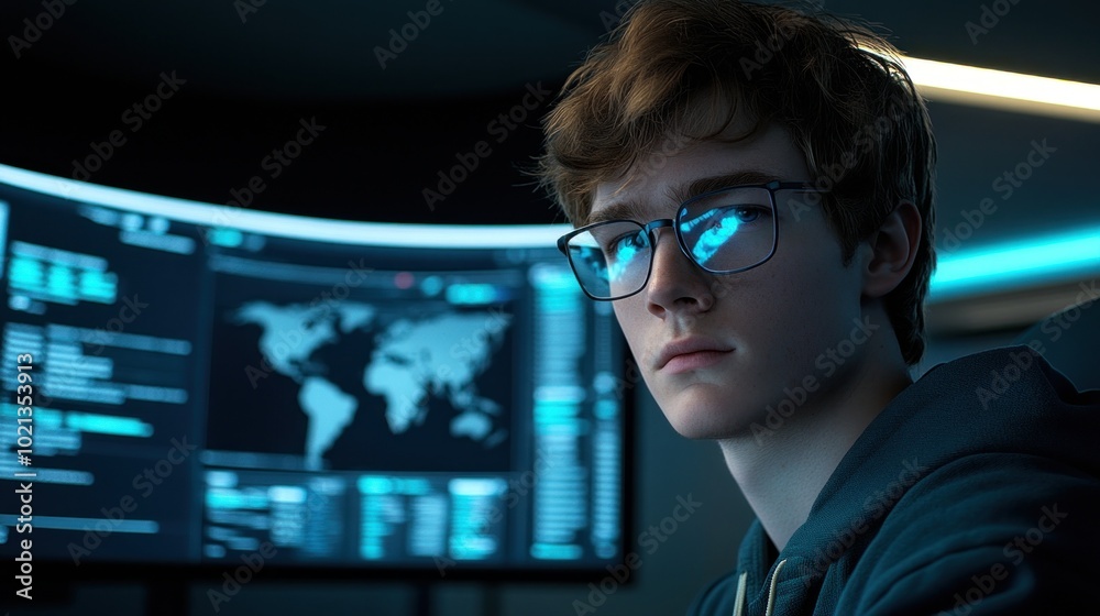 Poster a teenager with glasses sits in a darkened computer lab, concentrating on coding tasks as data displ