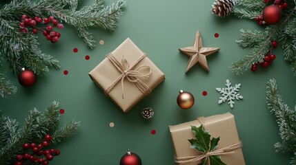 Season's greetings scene. Top-view of boxes tied with bows, Christmas decorations, balls, rustic star, holly berries, frosty spruce branches, confetti on green backdrop, perfect for messages or promo