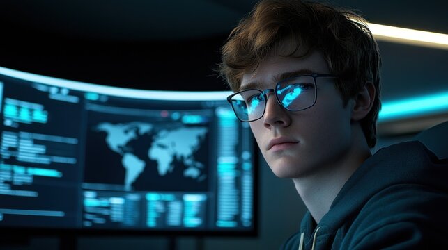 A teenager with glasses sits in a darkened computer lab, concentrating on coding tasks as data displays illuminate the room with vibrant colors and a global map in the background