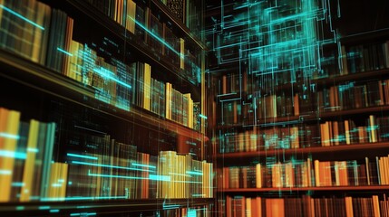 A futuristic library setting with glowing virtual elements and organized bookshelves during nighttime