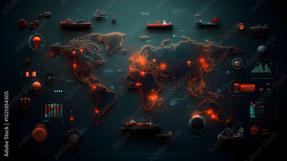 Poster futuristic logistics network aerial view of interconnected global supply chains with advanced monito