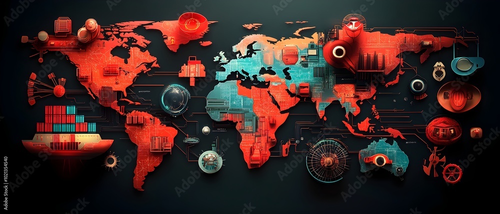 Poster sleek global logistics optimization map visualizing complex supply chain networks and cargo ship rou
