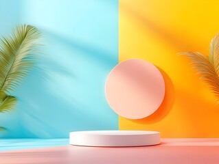 Fototapeta premium Visually stunning 3D rendered modern studio space with vibrant color gradient backdrop simple floor and wall product display pedestal subtle shadow play from overhead lighting