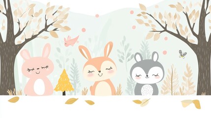 A whimsical illustration featuring three cute rabbits in a serene autumn setting with trees and falling leaves.