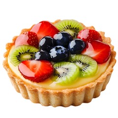 A close-up of a delicious fruit tart topped with fresh strawberries, kiwi, and blueberries.