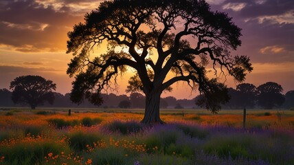 Obraz premium A silhouette of a large tree stands in a field of wildflowers at sunset.