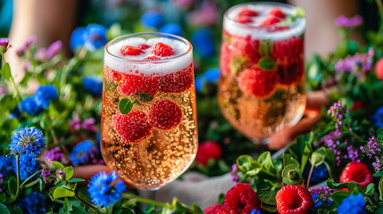 Fototapeta premium A Summer Champagne Picnic.Summertime Wine and Berries