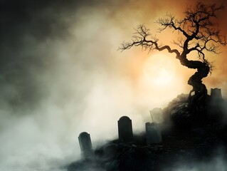 Moonlit Graveyard at Midnight Surreal Landscape of Crumbling Tombstones and Twisted Gnarled Trees  Mist clings to the ground obscuring the details and lending an air of mystery  Haunting