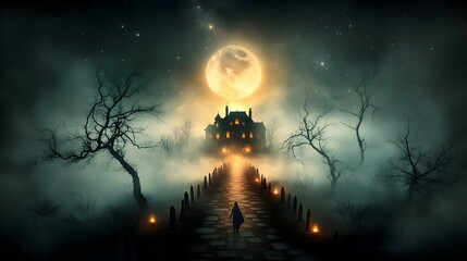 Haunting Halloween pathway lined with gravestones leading to an ominous Victorian style mansion shrouded in eerie fog under a full moon with twisted bare trees reaching up to a starry sky